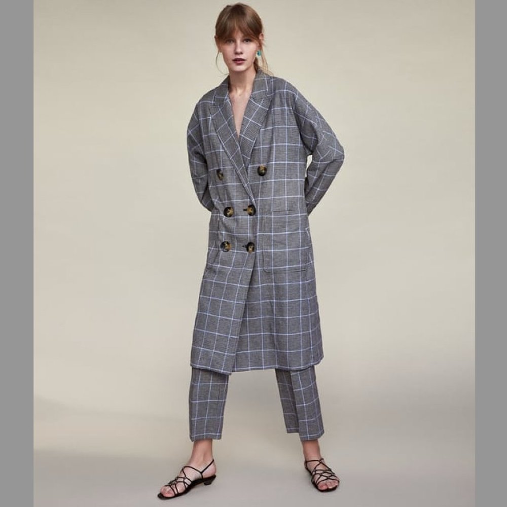 Zara Longline Check Houndstooth Plaid Double Breasted Coat NWT